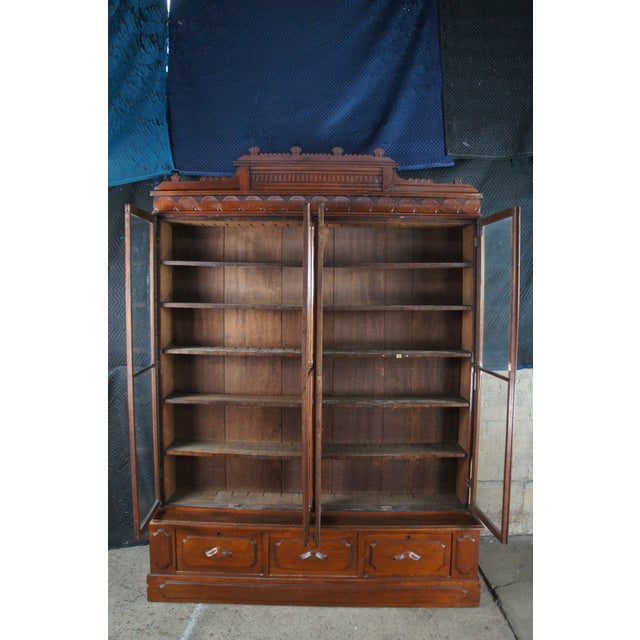 Monumental Antique Victorian Eastlake Walnut Bookcase Curio Display Cabinet Showcase For Sale - Image 4 of 14