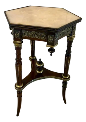 Antique Victorian French Mahogany and Gilded Brass Table with Marble Top, 1860