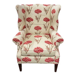 Late 20th Century Floral Upholstered Wingback Armchair With Red Botanical Pattern For Sale