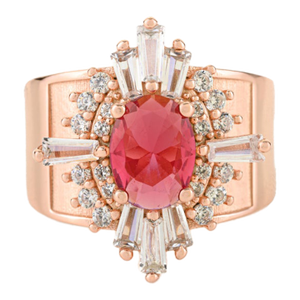 Rose Gold Finish Silver Ring With Red Cubic Zirconia & Clear Cz Halo - Size 7