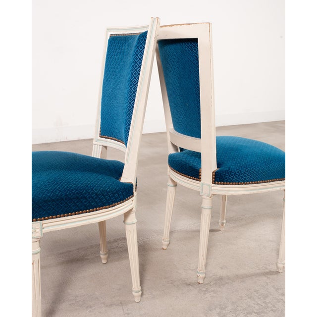 Set of Eight Louis XVI Style Painted Dining Chairs in Blue Velvet For Sale - Image 14 of 18