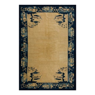 1920s Beige Open Field Traditional Antique Chinese Peking Carpet 5' X 7'10" Wool Knoted Rug For Sale