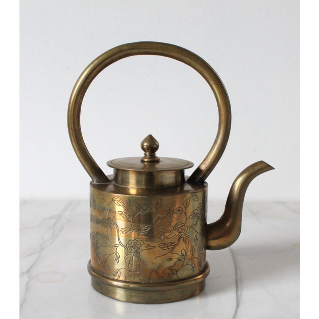 Ceramic Vintage Chinese Brass Tea Pot W/ Floral Motif For Sale - Image 7 of 10