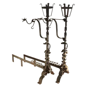 Large Hand Wrought Gothic Arts and Crafts Andirons - a Pair