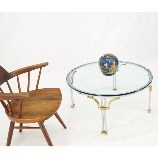 Round Glass Top Chrome Legs Solid Brass Stretchers & Feet Coffee Center Table For Sale - Image 11 of 13