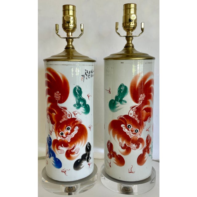 Asian Antique 1960's Asian Hand Painted Ceramic Table Lamps on Lucite Bases/A Pair For Sale - Image 3 of 7