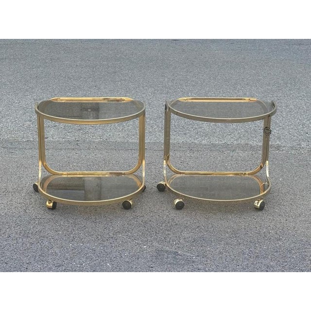 German Brass Rollable Nightstands with Toned Glass Shelves, 1970s, Set of 2 For Sale - Image 4 of 9