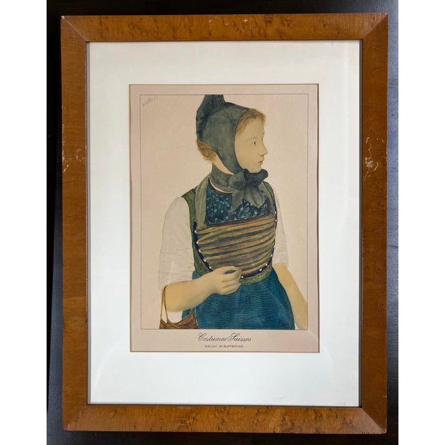 Mid-Century Modern Vintage Framed Lithographic Prints From a Series Titled "Costumes Suisses" (Swiss Costumes) by Artist Kurt Wirth For Sale - Image 3 of 18