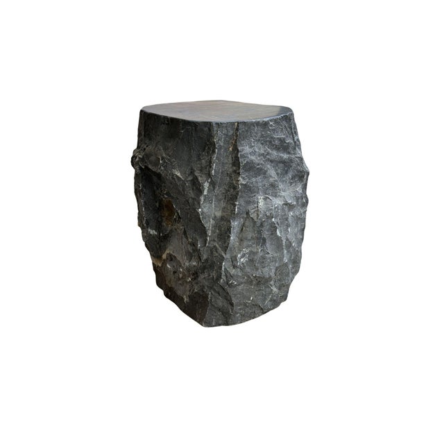 Contemporary Natural Solid Marble Side Table Chiselled Finish, Smooth Top, Modern Organic For Sale - Image 3 of 7