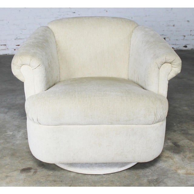 Barrel Shaped Off White Vintage Swivel Club Chair with Rolled Arms