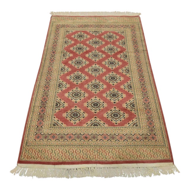 Bokhara Jaldar Rug 4’2” X 6’7” Pink Wool Tribal Hand-Knotted Oriental Carpet For Sale
