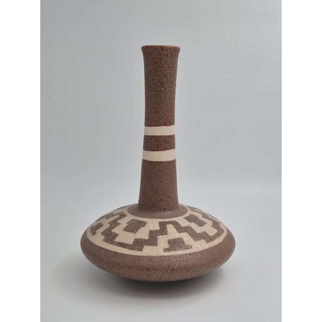 Brown Ceramic Floor / Large Vase with white geometric pattern by Gmundner Austria, 1970s. Inside in turquoise glaze. H 34...