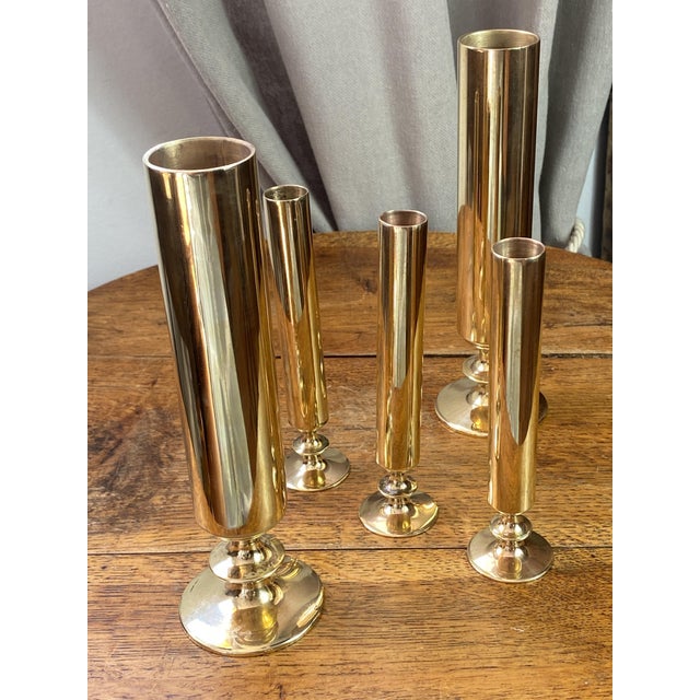Tubular Candlesticks and Bud Vases in Brass, 1950s, Set of 5 For Sale - Image 13 of 15