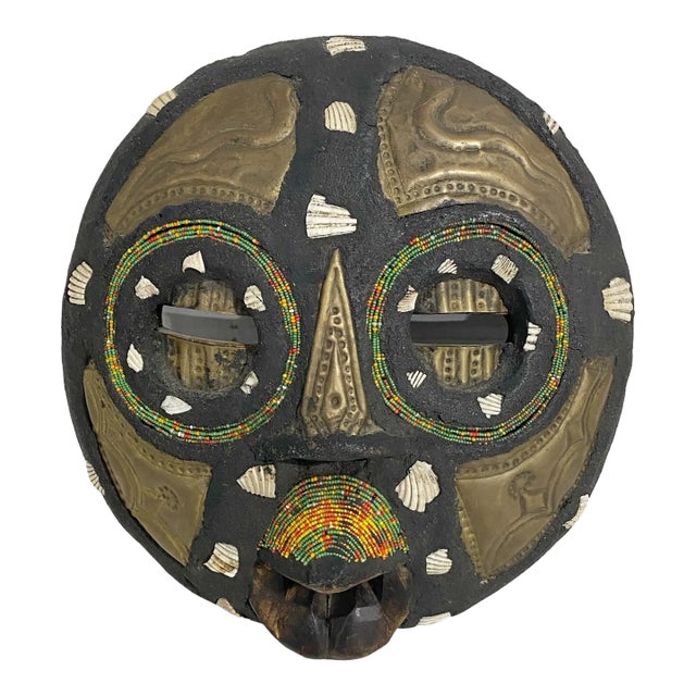 Vintage African Ashanti Tribal Moon Face Round Mask 10"h Ghana For Sale