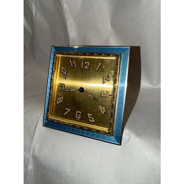 Art Deco Antique Swiss Art Deco Travel/ Desk Clock With Guilloche Enamel For Sale - Image 3 of 11