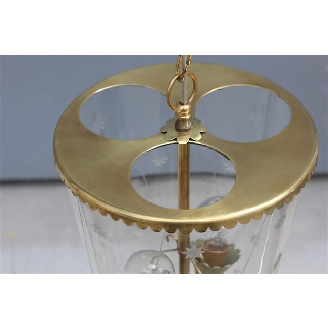 Mid-Century Modern Mid-Century Italian Engraved Glass and Brass Ceiling Lamp from Crystal Art, 1950s For Sale - Image 3 of 13