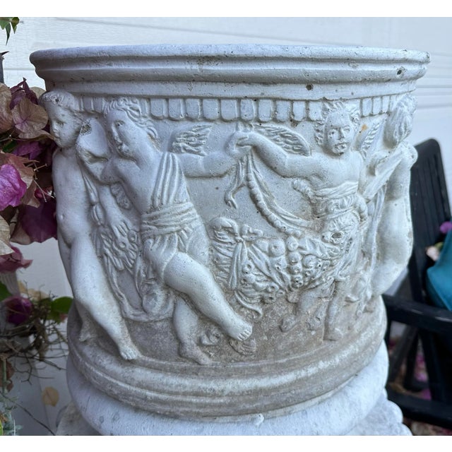 Sculpture Materials Antique Round White Cement Relief Cherub Planter For Sale - Image 7 of 12