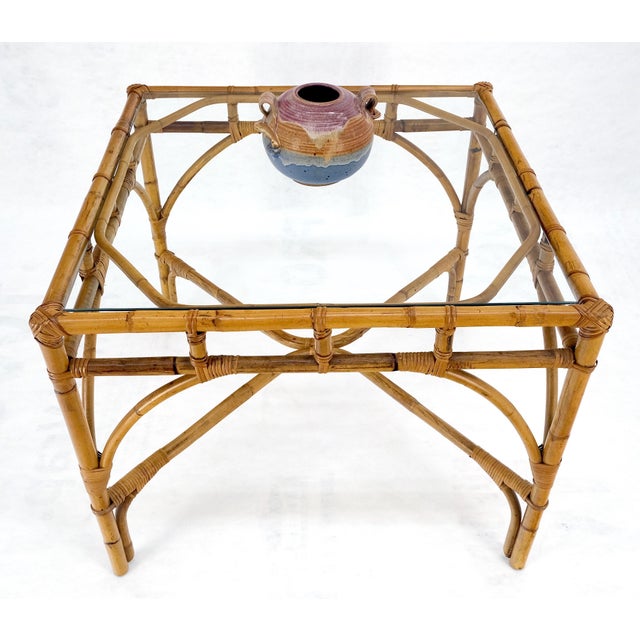 Glass Top 34" Square Mid Century Modern Burnt Bamboo Game Dinette Table MINT For Sale - Image 10 of 17