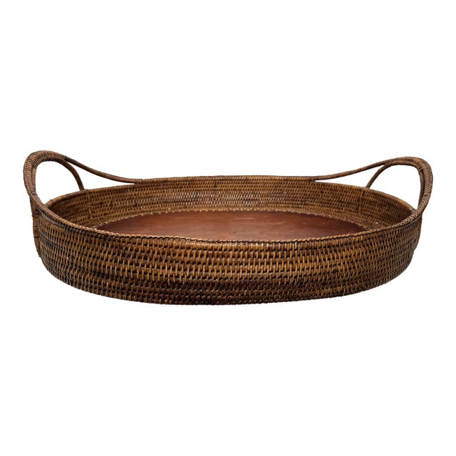 Vintage Monumental Oval Wicker Rattan & Wood Double Handled Tray For Sale