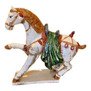 Chinese Large Tany Sancai Style Crackle Glazed War Horse Statue, 17" For Sale