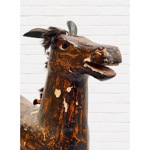 1900 - 1909 Antique European Hand Carved Wooden Horse Folk Art Sculpture on Wheeled Base For Sale - Image 5 of 16