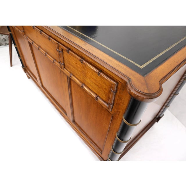 Faux Bamboo Black Leather Top Mahogany Desk with Curved Bottom Doors Compartment For Sale - Image 9 of 13