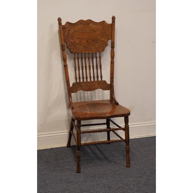 High End Vintage Solid Oak Pressed Back Rustic Country Style Dining Side Chair For Sale - Image 4 of 9