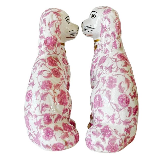 Pink Floral Petite Staffordshire Style Spaniel Dog Figurines - A Pair For Sale In San Diego - Image 6 of 8