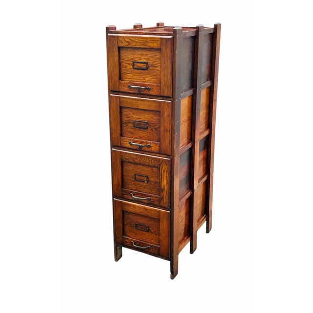 Arts & Crafts Antique Arts & Crafts Oak Four Drawer External Frame Office File Cabinet For Sale - Image 3 of 10