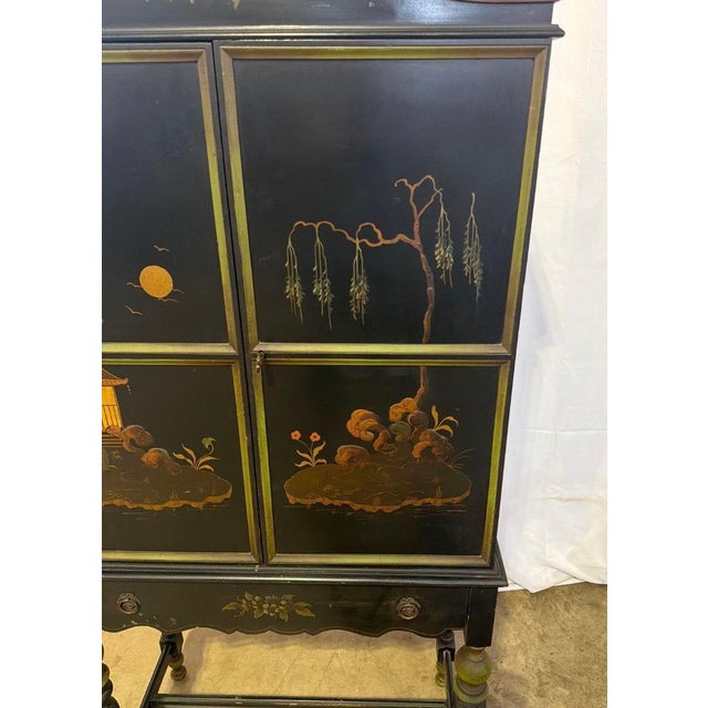 Antique Art Deco Chinoiserie Black and Green Hand Painted Drop Front Desk For Sale - Image 11 of 14