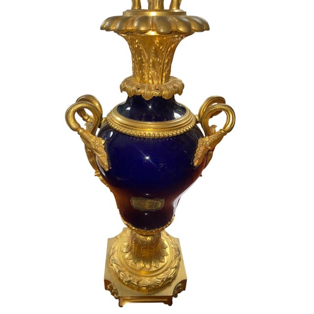 Pair of French Bronze & Deep Cobalt Porcelain Candelabras. 19th Century. For Sale In Los Angeles - Image 6 of 8