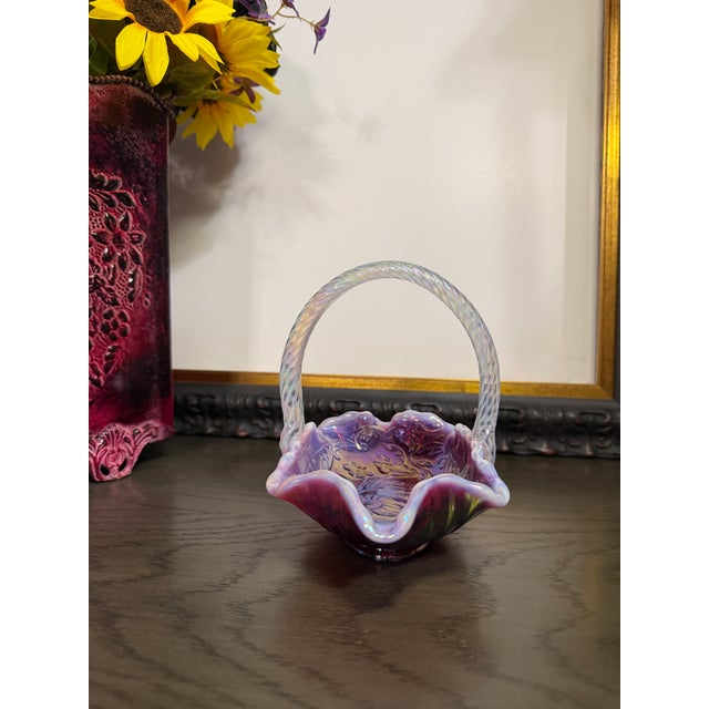 1990s Handmade Fenton Plum Opalescent Art Glass Basket With Iridescent Finish For Sale In Denver - Image 6 of 13