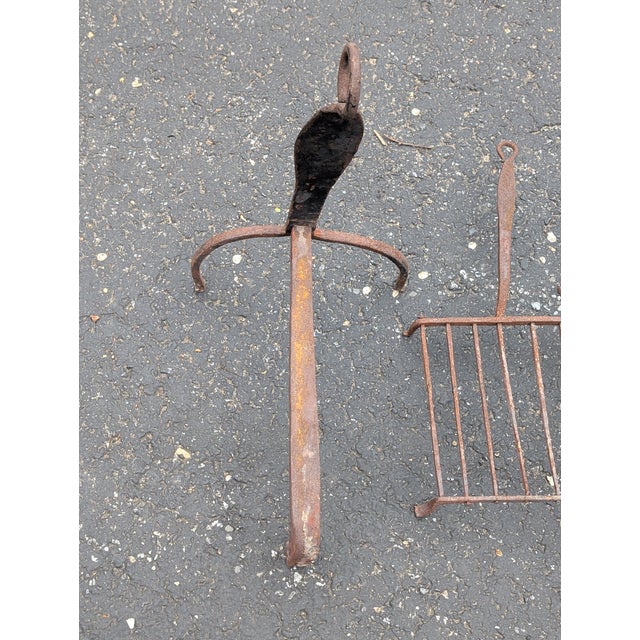 Metal Early 20th Century Antique Wrought Iron Fireplace Andirons and Grate For Sale - Image 7 of 11