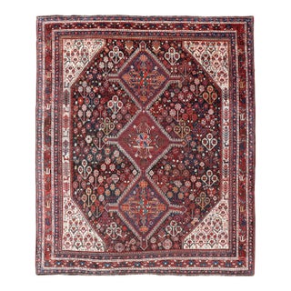Antique Hand-Knotted Persian Qashqai Rug in Wool With All-Over Tribal Design 6'0 X 7'3 For Sale