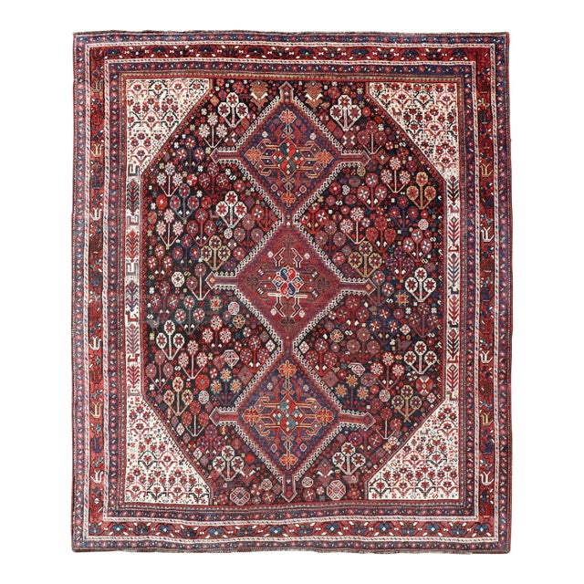 Antique Hand-Knotted Persian Qashqai Rug in Wool With All-Over Tribal Design 6'0 X 7'3 For Sale
