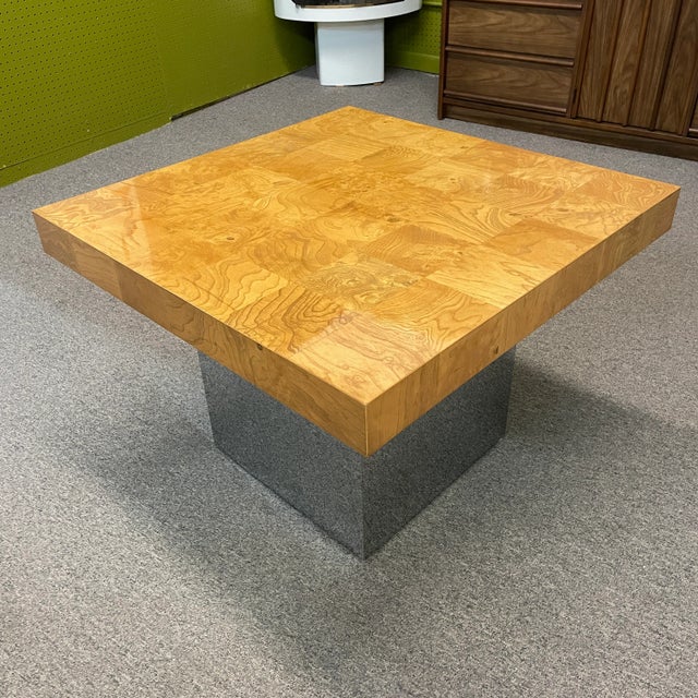 You are viewing a fantastic Burled Olive Wood and Chrome Side Table, designed by Milo Baughman for Thayer Coggin c1970s....