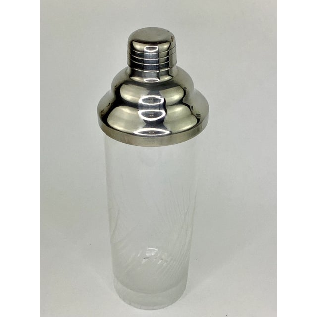 Vintage Tall Art Deco Cocktail Shaker with Wheel Cut Etched Decoration at Base. Measures 11" high x 3 1/2" across.