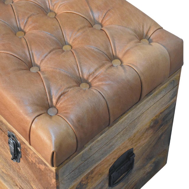 2020s Buffalo Leather Upholstered Storage Trunk in Oak Finish For Sale - Image 5 of 8