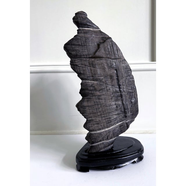 Rare Chinese Antique Black and White Lingbi Scholar Stone on Display Stand For Sale - Image 18 of 18