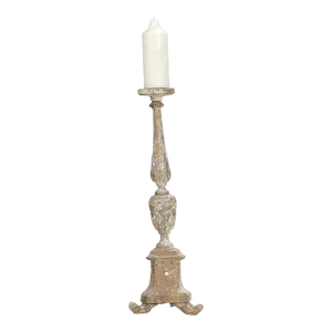 Antique Italian Hand-Carved Wood Candlestick in Old Paint and Finish