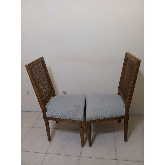 1970s 1970s Dining Chair Wood Light Green Uphlostered Seat Cane Back Medium Tone Set of 2 For Sale - Image 5 of 6