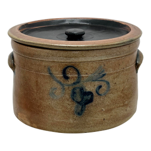 Outstanding Large 2 Gallon American Blue Decorated Stoneware Butter Crock With Rare Original Lid - Early 19th Century
