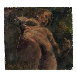 Vintage Realist Female Nude Figurative Encaustic Painting on Board, Signed (Ca. 1960)