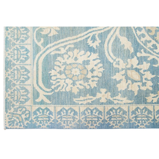Textile Room Size Blue Modern Oushak Style Wool Rug With Rosette Motif For Sale - Image 7 of 9