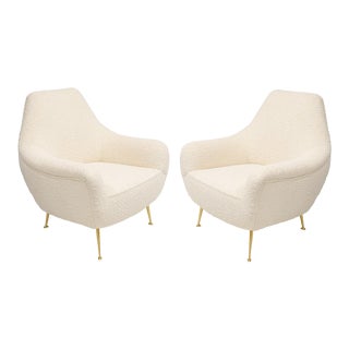 Bespoke Italian Lounge Chairs in the Mid-Century Manner - Upholstered in Boucle - a Pair For Sale