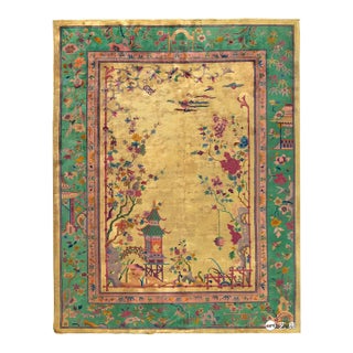 Lovely Beige Background With Colorful Border Floral Asymmetric Patterns Antique Chinese Art Deco Rug For Sale