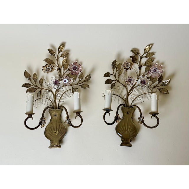 1950s Italian Wall Sconces with Amethyst and Smoky Glass Blossoms, 1950s, Set of 2 For Sale - Image 5 of 18