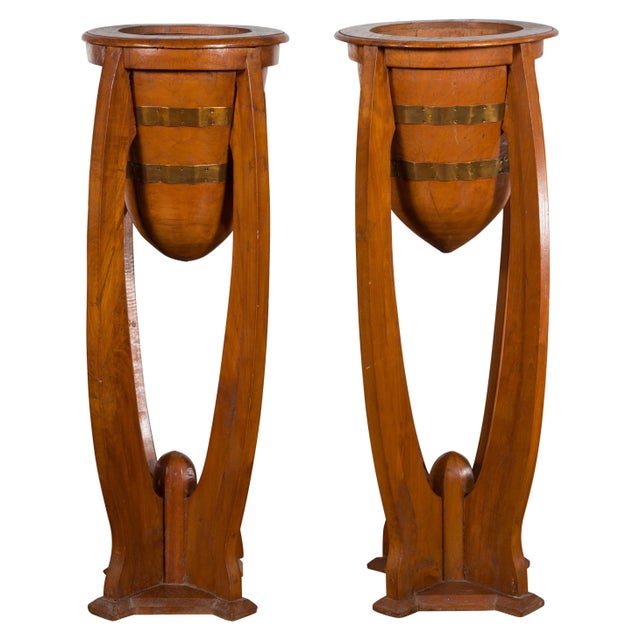 Mid 20th Century Javanese Art Deco Style Teak Wood & Brass Brace Plant Stands - A Pair For Sale - Image 9 of 13