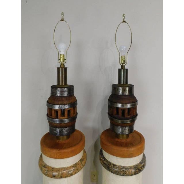 High Quality Vintage Pair of Solid Oak Lamps with Steel Straps on Custom Oak Bases