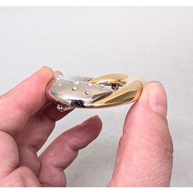 Silver Vintage 1980s Signed Courreges Paris Rhodium Plate & Goldtone Clear Rhinestone O Brooch For Sale - Image 8 of 12